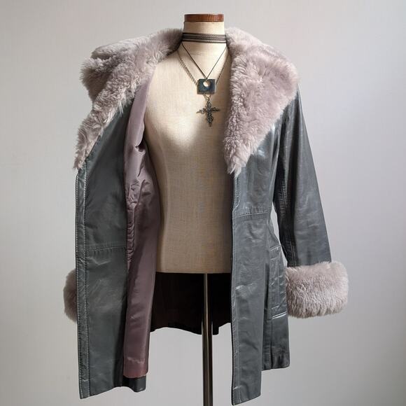 Vintage Blue Grey Leather Shearling Penny Lane Jacket Groovy Trench Coat Medium - Picture 8 of 9